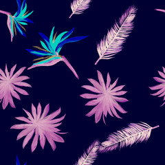 Purple Pattern Leaf. Indigo Seamless Art. Cobalt Tropical Plant. Blue Isolated Background. Violet Drawing Exotic. Pink Wallpaper Leaf. Decoration Design.