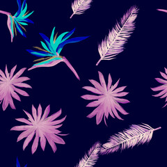 Obraz premium Purple Pattern Leaf. Indigo Seamless Art. Cobalt Tropical Plant. Blue Isolated Background. Violet Drawing Exotic. Pink Wallpaper Leaf. Decoration Design.