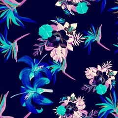 Fototapeta na wymiar Navy Pattern Palm. Azure Seamless Illustration. Cobalt Tropical Botanical. Blue Flower Design. White Garden Illustration. Pink Drawing Texture. Decoration Texture.