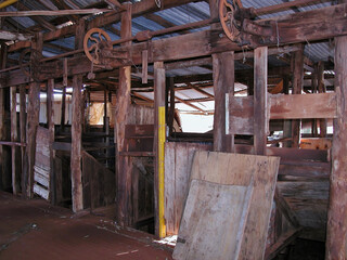 Old abandoned timber and corrugated iron shearing shed outback Australia.