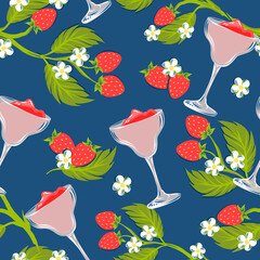 Cocktail with strawberry martini smoothies seamless pattern design ornament