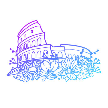 recommend clip art: Colosseum Rose Flower with Vintage Roman Forum Design. Roma Italy Floral frame ornament vector style. Decoration Design Wreat illustration.