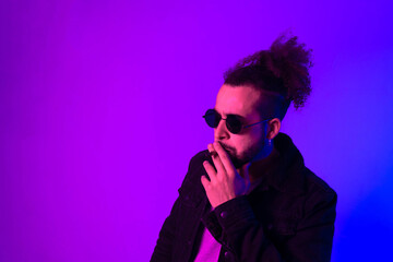 Portrait of an Afro-American hipster man, afro hair, in the style of the 80s and 90s, steampunk glasses, blue and purple neon lights. smoking cigarette.