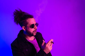 Portrait of an Afro-American hipster man, afro hair, in the style of the 80s and 90s, steampunk glasses, blue and purple neon lights. smoking cigarette joint.