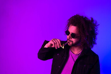 Portrait of an Afro-American hipster man, afro hair, in the style of the 80s and 90s, steampunk glasses, blue and purple neon lights. smoking cigarette joint.