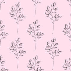 Black Rosehips with flowers and berries seamless pattern for tea. Black and white Graphic drawing, engraving style. hand drawn illustration on white background