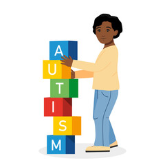 Autism concept. Afro american child stacks cubes with text. Vector illustration in cartoon style.