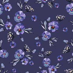 Seamless pattern with watercolor Pansy on dark blue background. Scandinavian style. Vector isolated texture illustration in vintage style.