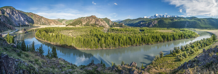 Panoramic view of the river in the Altai mountains in the evening light, summer travel