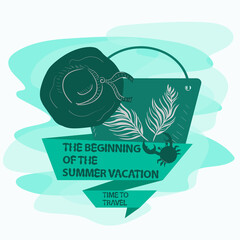 icon sticker for design design on the theme of recreation vacation and travel Bag and hat panama sun hat with a flag inscription slogan background can be removed