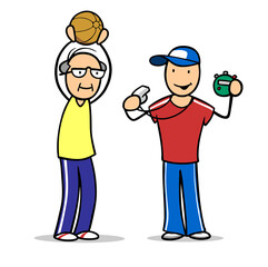 Mann als Fitness Trainer unterstützt Senior mit Medizinball im Training