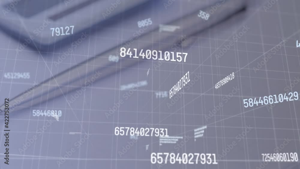 Poster animation of numbers changing over spinning calculator, pen and notebook on desk in background