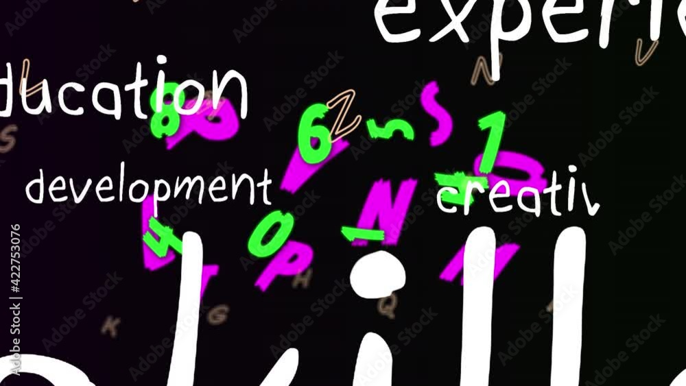 Poster animation of creativity, experience, development text with numbers and letters changing on black