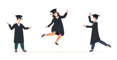 Graduated women man in graduation gowns and medical face masks. Class of 2021. Covid-19 prevention and new normal concept. College students wearing face masks celebrate graduation