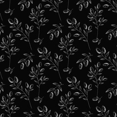 white Rosehips with flowers and berries seamless pattern for tea. Black and white Graphic drawing, engraving style. hand drawn illustration on black background