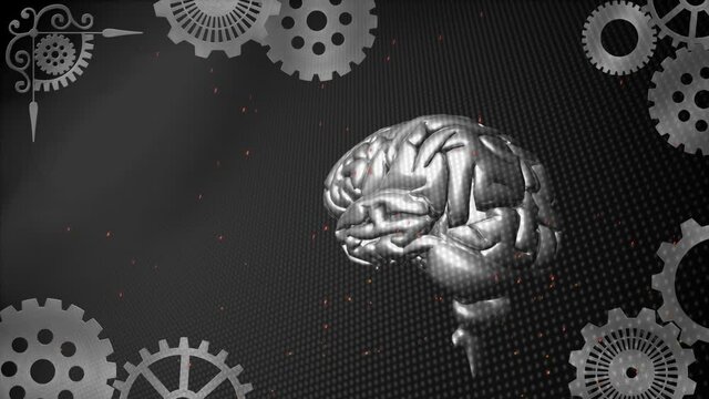 Animation of spinning human brain over turning metallic cogs on grey background
