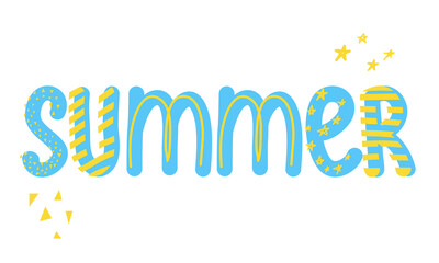 Hand lettering design for postcard, t shirt or summer sale. Hand Drawn blue and yellow lettering with decorative elements - stars and triangles. Vector illustration for summer prints and banners