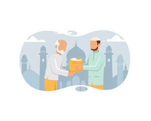 Muslim man giving alms or zakat to old man in the month of ramadan concept. Islamic flat vector illustration