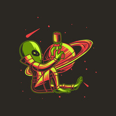 t shirt design alien in a sitting position holding a gun against a planet background gun illustration