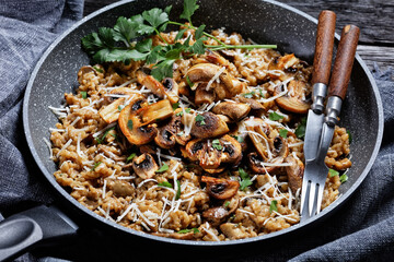 classic creamy mushroom risotto in a pan