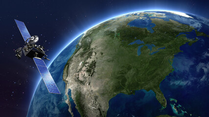 Highly detailed telecommunication satellite over the Earth. United States and Canada map. 
