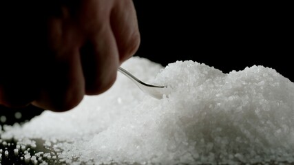 Coarse grains of sea salt are taken from a pile by a spoon