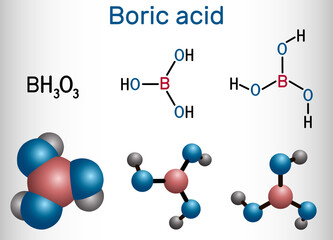 Boric acid, hydrogen borate, boracic acid, orthoboric acid molecule. It is hydrate of boric oxide with antiseptic, antifungal, antiviral properties. Skeletal formula, model