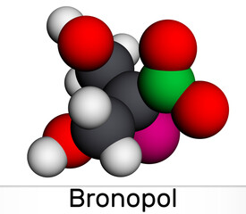 Bronopol molecule. It is preservative, is used as a microbicide or microbiostat. Molecular model. 3D rendering