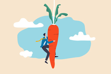 Motivation and incentive to motivate employee, reward or trick to influence people or manipulation concept, seduced businessman jump in the air to catch tempting carrot baiting lure from the stick.
