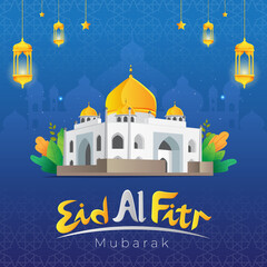 Eid al fitr mubarak greetings card with mosque and arabic lamp