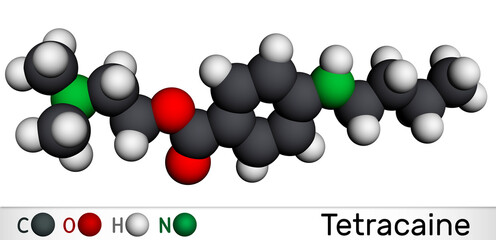 Tetracaine, amethocaine molecule. It is benzoate ester with anesthetic properties. Molecular model. 3D rendering