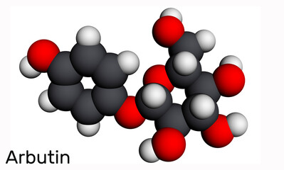 Arbutin, ursin, arbutoside  molecule. It is glycoside, is found in foods, over-the-counter drugs, and herbal dietary supplements. Molecular model. 3D rendering