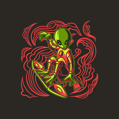 t shirt design alien the waves in style surfing illustration