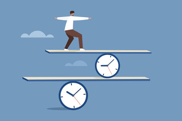 Conceptual illustration of a man balancing on clocks to represent working on multiple time zones
