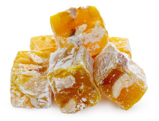 Yellow Turkish Delight sweets isolated on white