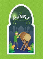 Eid al fitr greetings card with a boy hitting a ceremonial drum