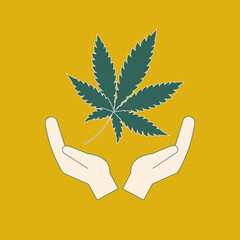 Obraz premium Cannabis legalization. Hands are holding a marijuana leaf. Trending colors. Cultivation and Medical Uses of the Narcotic Plant. Vector graphics.