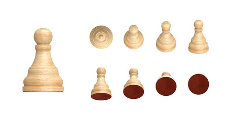 Set of white wooden pawn chess pieces in 9 angled views isolated on white background. 3d render illustration. 