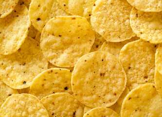 Overhead view of tasty tortilla chip rounds