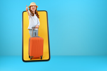 A full-length preteen girl with an orange suitcase in a smartphone. Online child on the screen of a...
