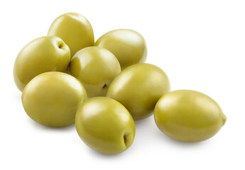Group of delicious green olives, isolated on white background