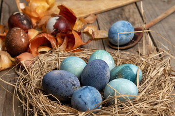 Preparing for Easter. In the process of painting Easter eggs, eggs in nest and onion shells stand on the table.