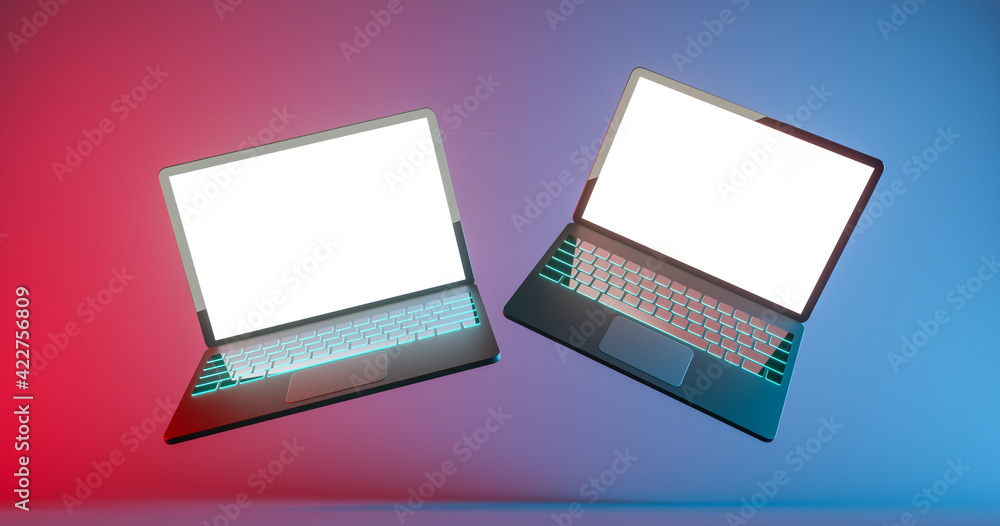 Aufkleber two gaming laptop float with color led keyboard glow at blue and red background. 3d render