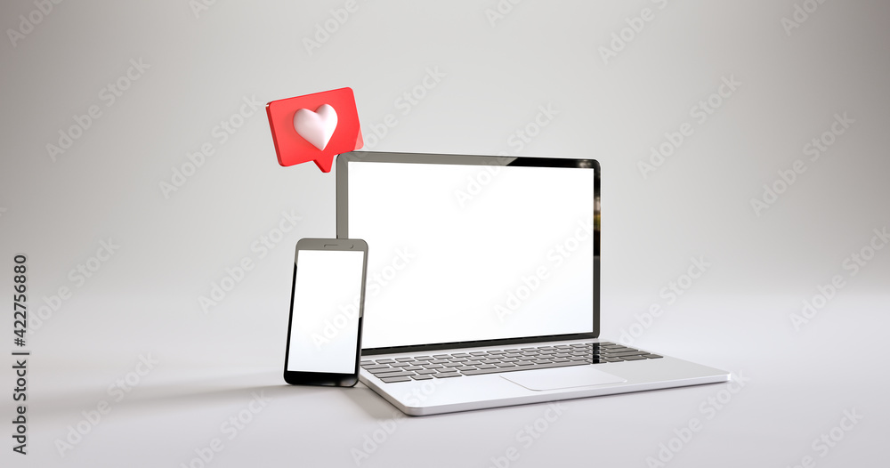 Poster mobile phone and laptop mockup with a like notifications at white background. 3d rendering