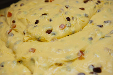 preparation of the typical Italian easter cake Colomba. The dough with the candied fruit is ready