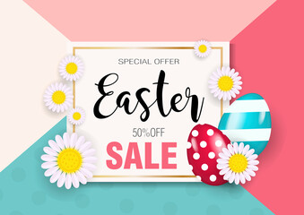 Happy Easter super offer, discounts, promotion with realistic colored eggs. Vector illustration