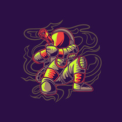 Fototapeta na wymiar t shirt design astronaut in aiming position with gun illustration