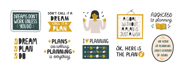 Set of funny planning quotes clip arts.
