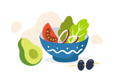 Fresh salad with green leaves, avocado tomato and olives.. Hand drawn illustrations. Cartoon vegan style. Flat design.