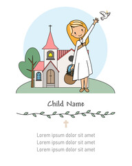 My first communion card. Girl with church in background